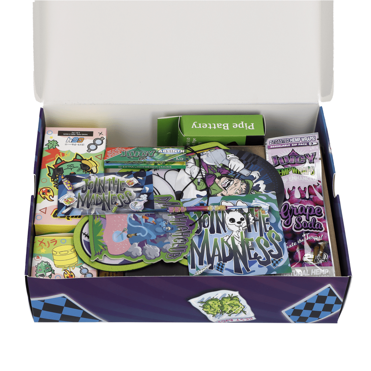 An open top view of the Limited Edition 420 Bunny Deluxe Box reveals colorful smoking accessories neatly arranged inside.