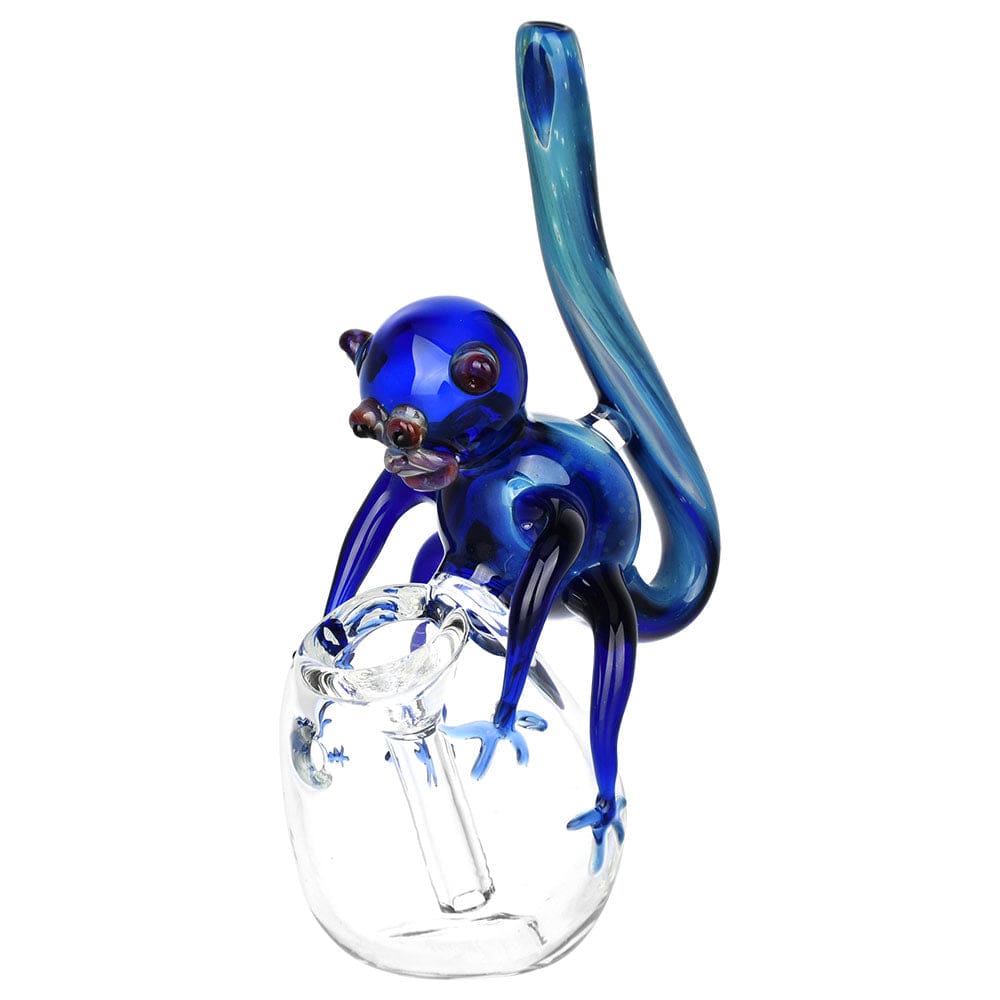 A detailed side view of the 5.75" Blue Monkey Bubbler Pipe, sculpted as a blue monkey clinging to a clear glass bowl.