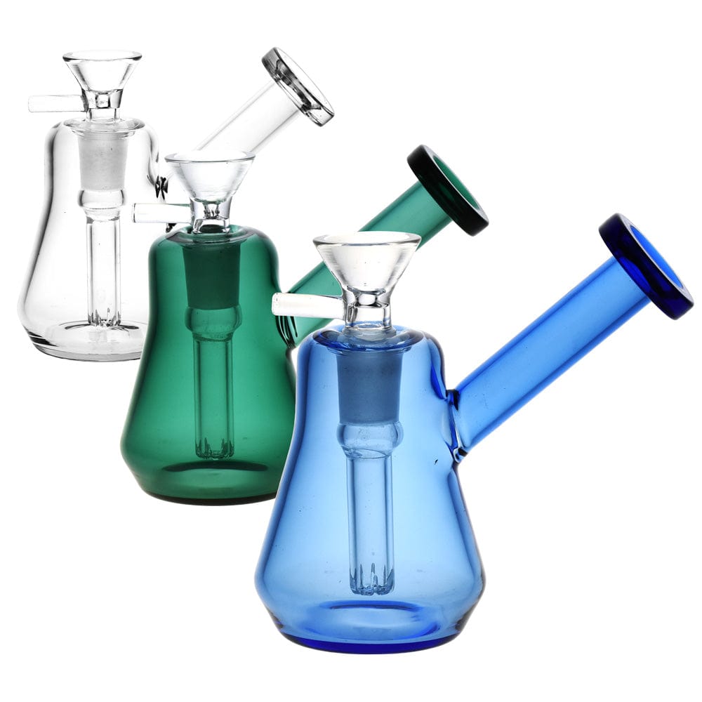 A front view of the Compact Travel Bubbler, showing the 4-inch glass bubbler in a variety of colors.
