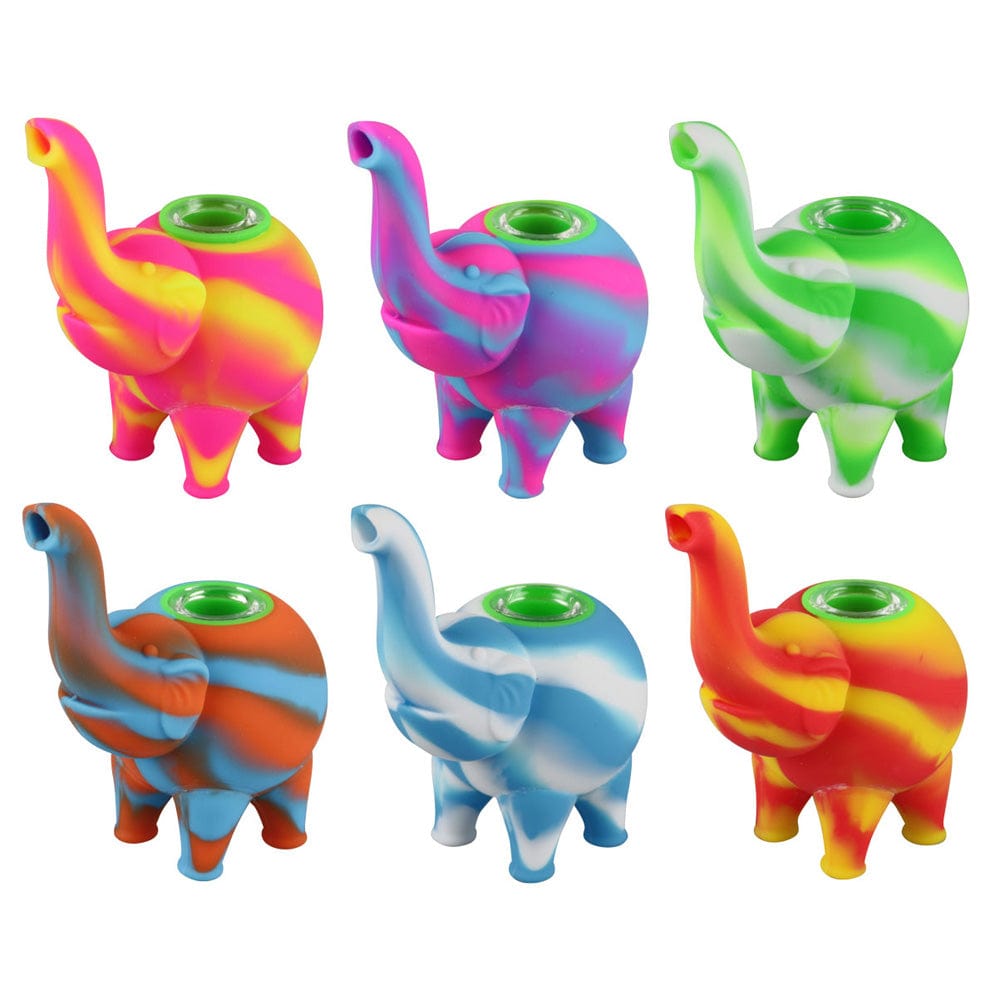 Front view of the 4.5-inch Elephant Silicone Bubbler in vibrant colors, showcasing its playful form and smooth, rounded design.