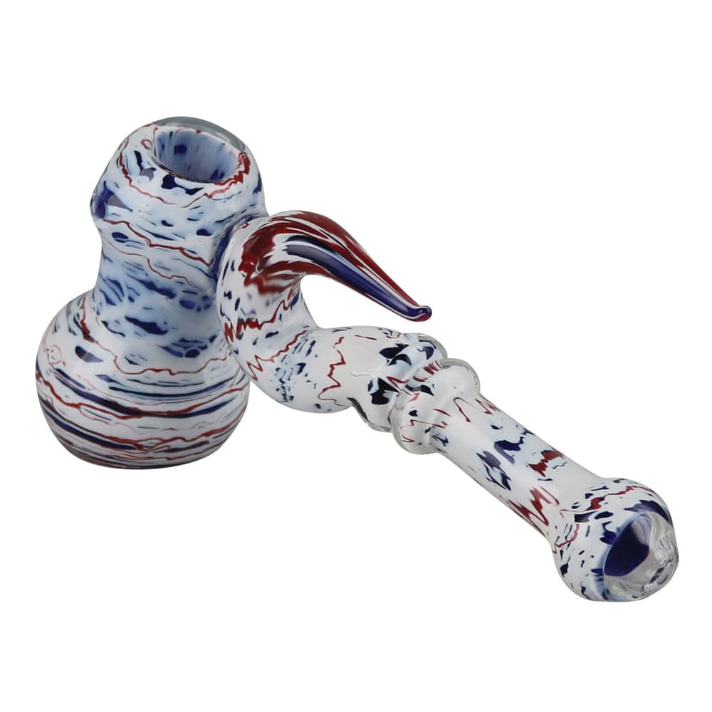 A close-up, angled view of the Fancy Glass Hammer Bubbler, showcasing its clear glass construction and unique hammer-shaped design.