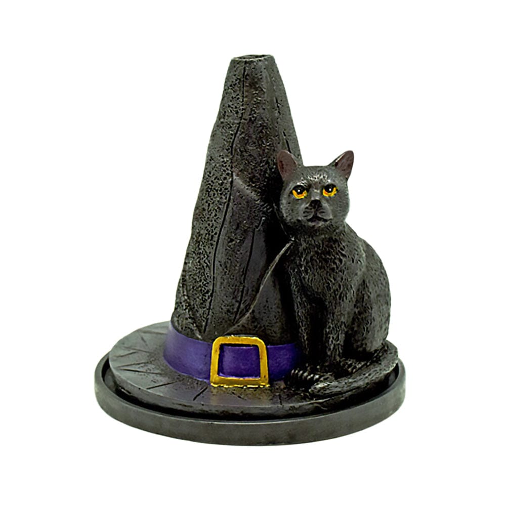 Front view of the Cat And Witch's Hat Incense Burner, a black, sculpted cat wearing a witch's hat.