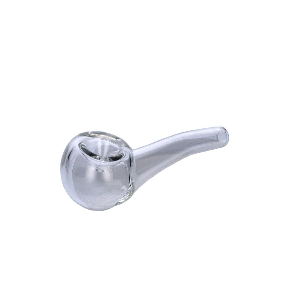 A side view of the Everyday Essentials 4" Bent Spoon Pipe, showcasing its curved glass design against a plain white background.