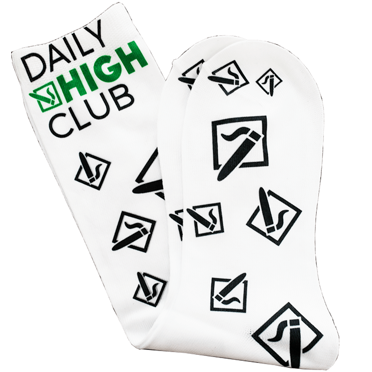 A close-up of the "Daily High Club "Doob" Socks" featuring a repeating pattern of green cannabis leaf designs on a white background.