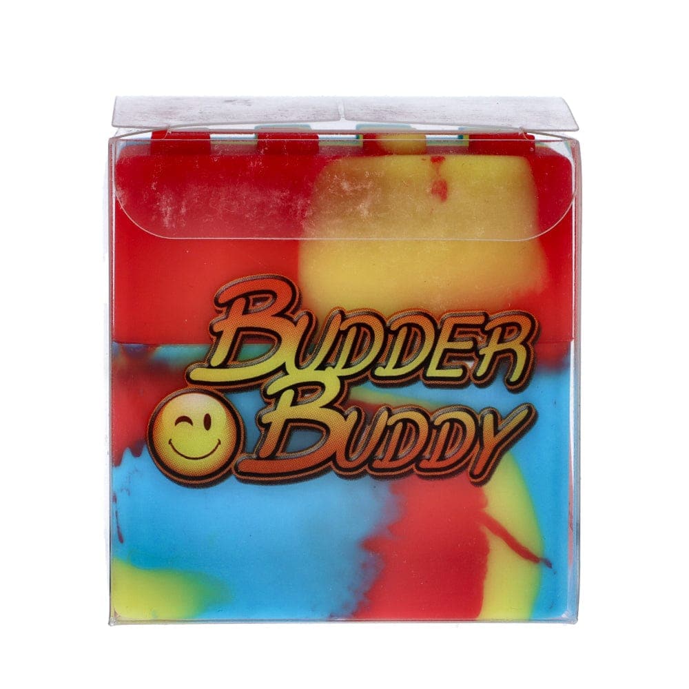 Front view of the Budder Buddy 60ml Silicone Container, showcasing its colorful, swirled design and compact size.