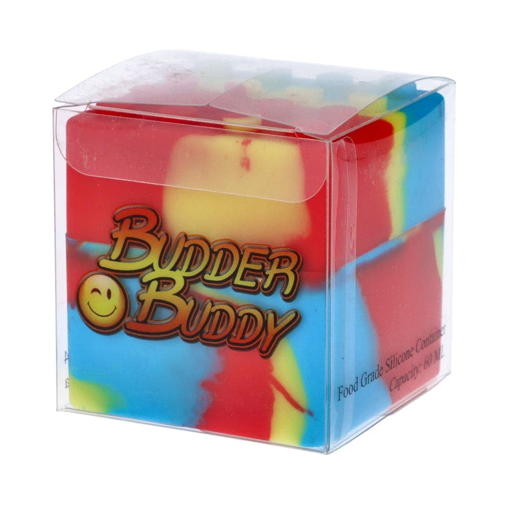 A close-up shows the Budder Buddy 60ml Silicone Container with a colorful, marbled pattern and a simple, rounded shape.