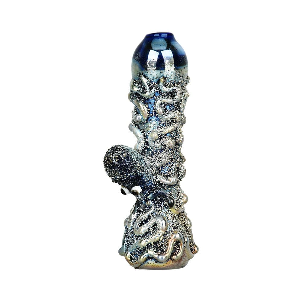 A close-up view of the metallic electroplated glass Curious Kraken 3.5" Chillum, showing detailed texture and dark coloration.
