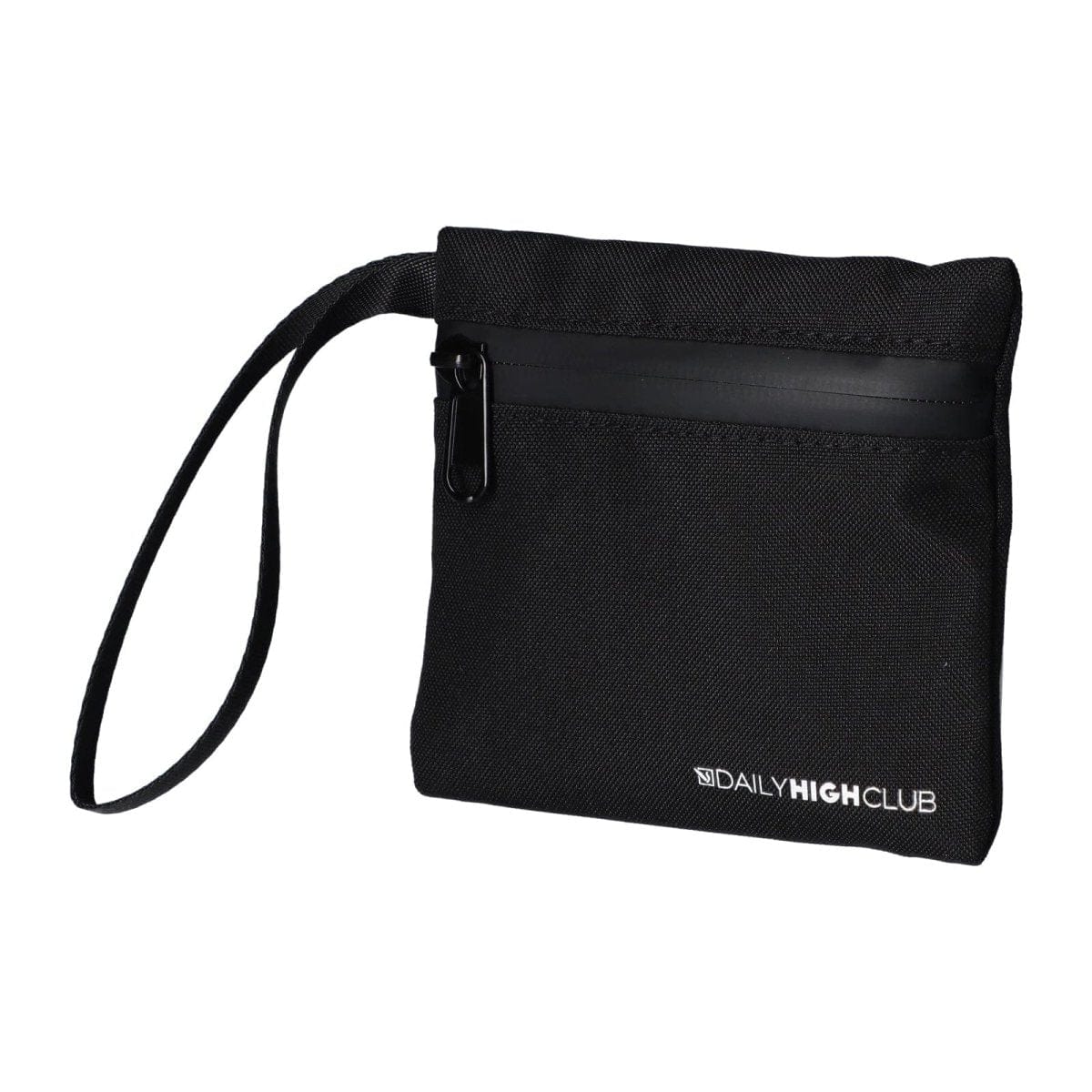 A slightly angled, close-up view of the Custom DHC Smellproof Bag, showcasing its zippered closure and sleek, dark exterior.