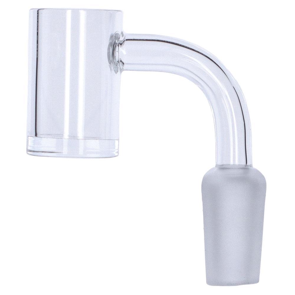 A close-up, angled view of the Thick Male Quartz Banger Nail, displaying its clear quartz construction and simple, cylindrical shape.