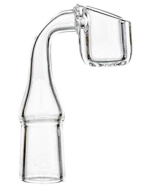 A close-up, angled view of the 4mm Thick Quartz Banger Nail, showcasing its clear quartz construction.