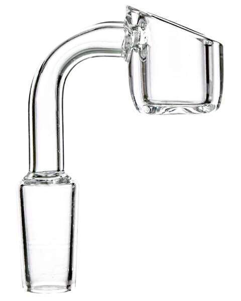 A close-up shot of the 4mm Thick Quartz Banger Nail, showing its clear quartz construction and angled design.