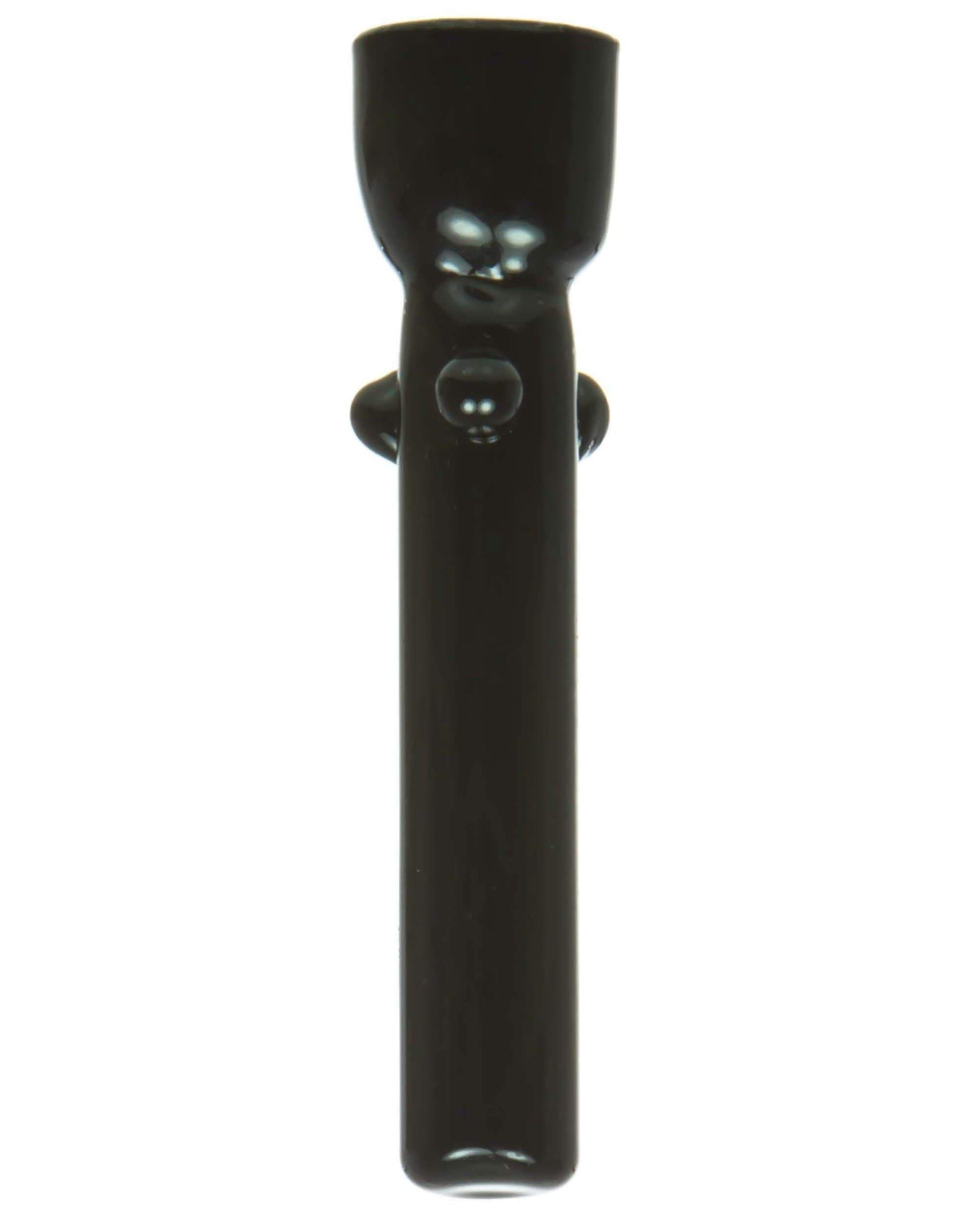A close-up, angled view of the Glass Nail, highlighting its dark glass construction and simple cylindrical shape.