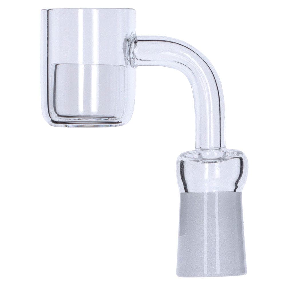 A close-up, angled view of the Core Reactor Quartz Banger, showing its clear glass construction and rounded shape.