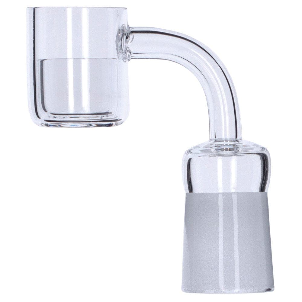 A close-up, angled view of the Core Reactor Quartz Banger, showcasing its clear quartz construction and cylindrical shape.