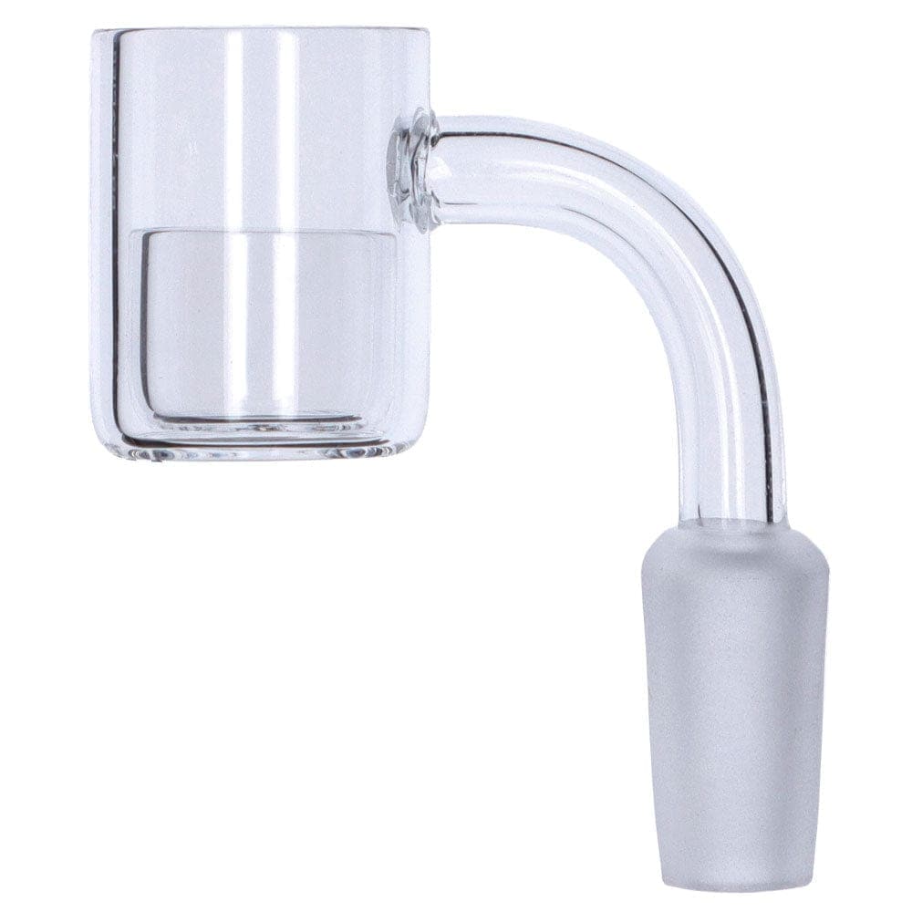 A close-up view of the Core Reactor Quartz Banger, displaying its clear glass construction and angled joint.