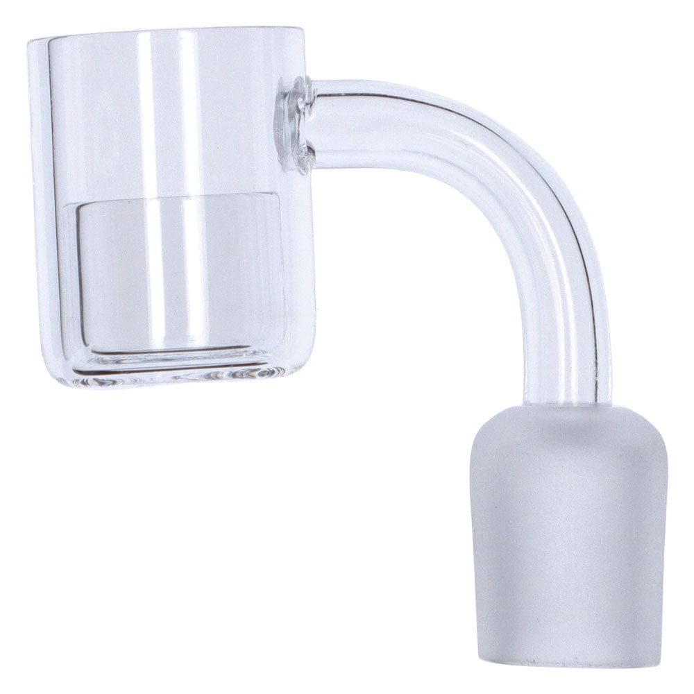 A close-up, angled view of the Core Reactor Quartz Banger, showcasing its clear glass construction and rounded shape.