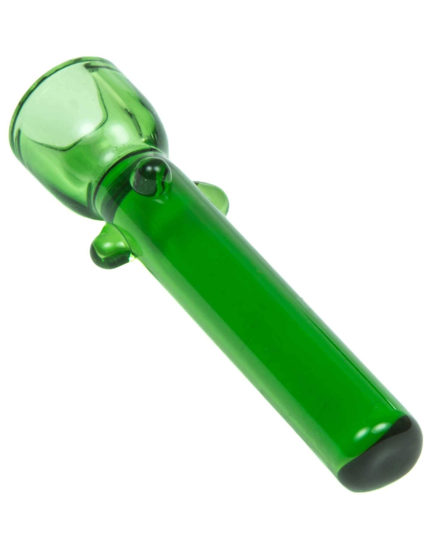 A diagonal view of the Glass Nail, showing its smooth, green glass construction and simple, curved shape.