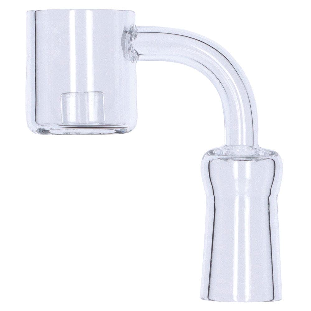 A close-up, angled view of the Core Reactor Quartz Banger, showing its clear glass construction and shallow dish.