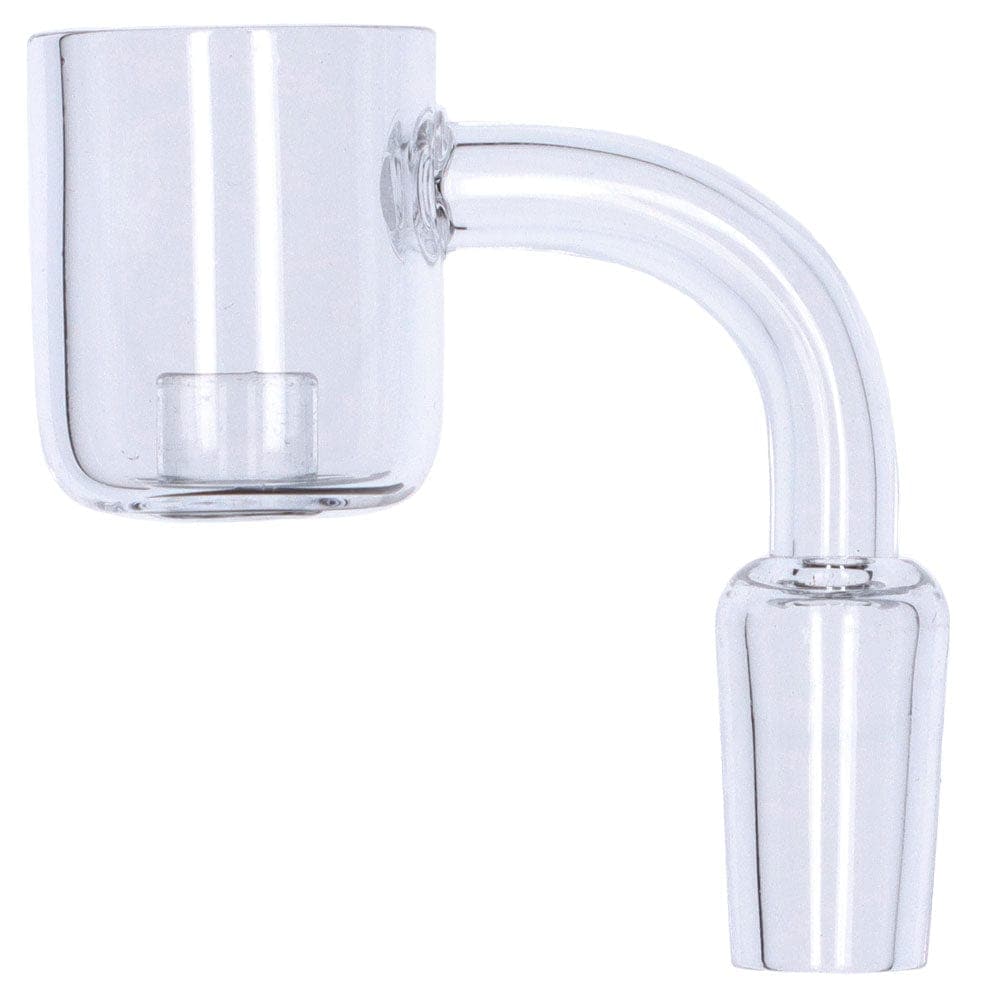 A detailed, angled view of the Core Reactor Quartz Banger, showing its clear glass construction and bowl shape.