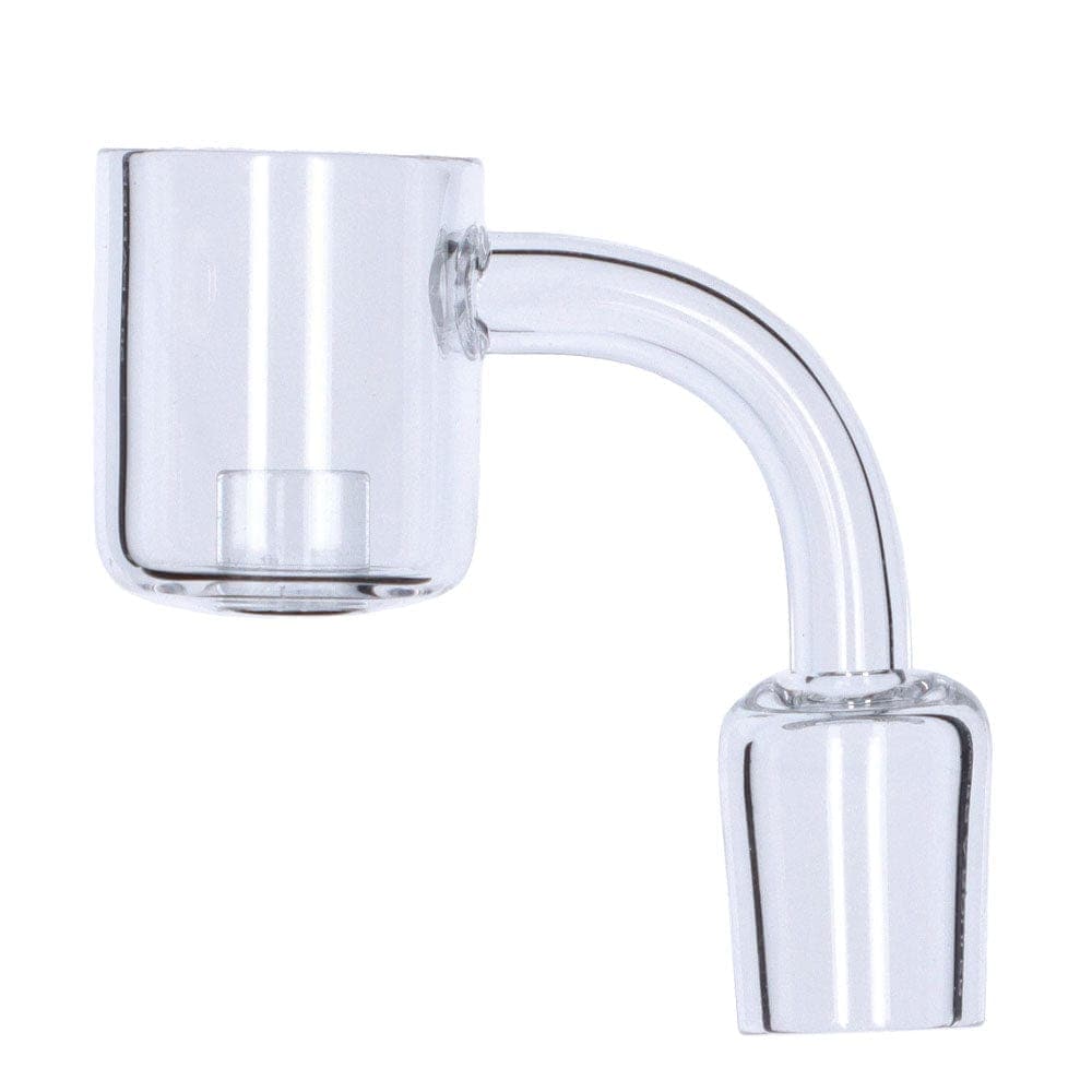 A close-up, angled view of the Core Reactor Quartz Banger, showcasing its clear glass construction and simple, functional design.