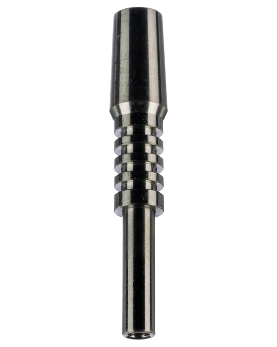 A close-up, angled view of the Titanium Nectar Collector Tip, featuring a sleek, metallic design and polished finish.