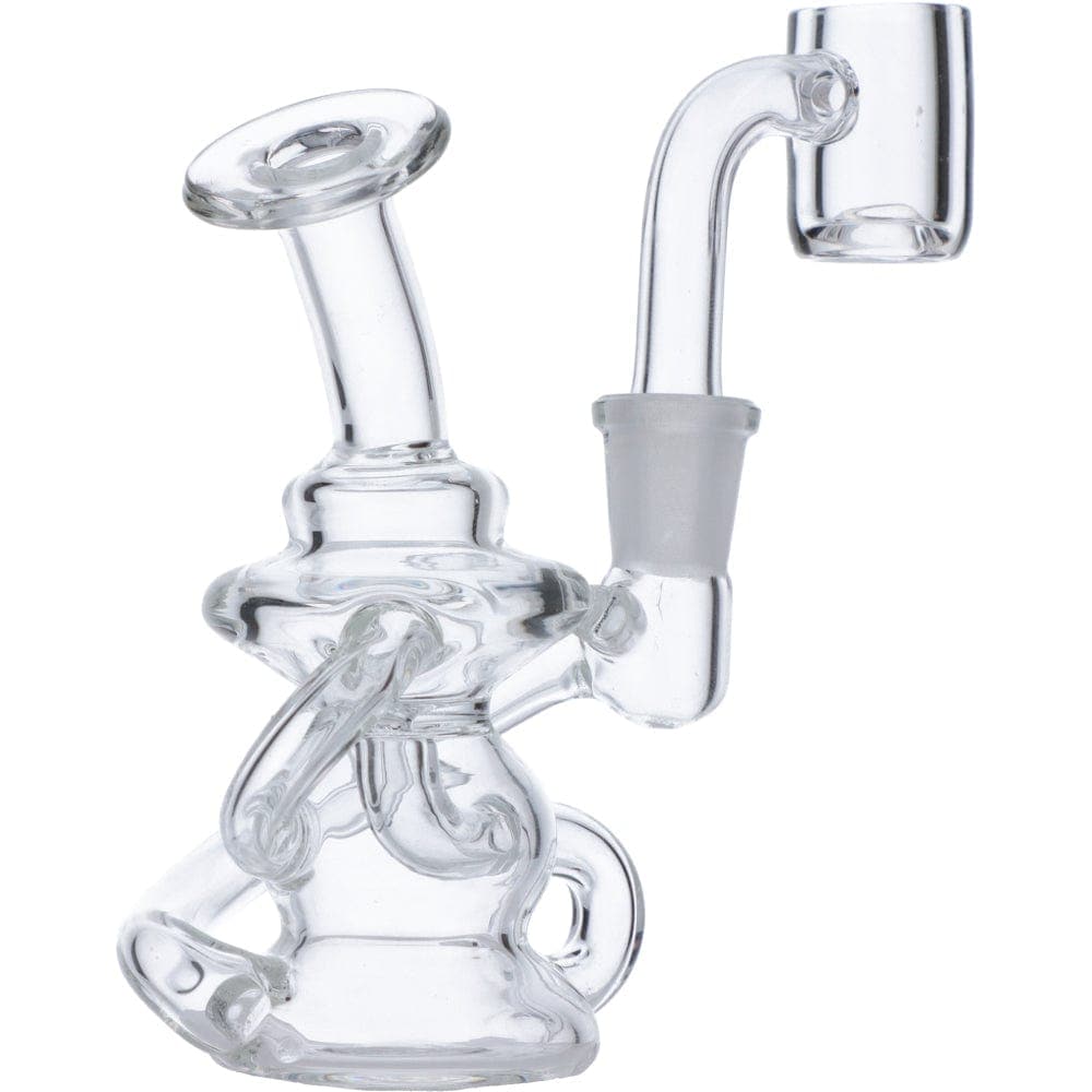 Front view of the “4” Dab Rig Water Pipe Mini, a small clear glass rig with a curved neck and simple design.