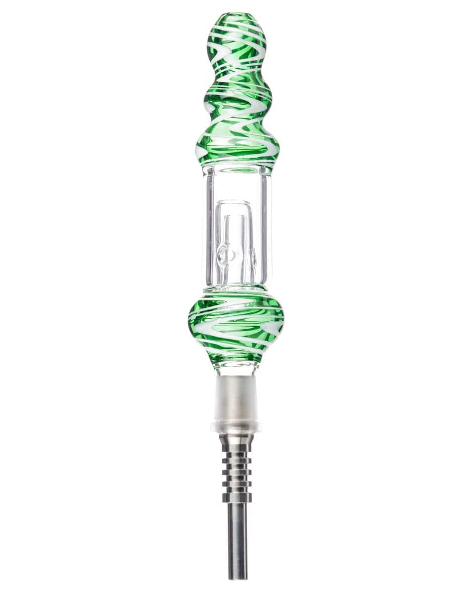 A close-up, angled view of the Wig Wag Nectar Collector, showcasing its clear glass construction and slender, tapered design.