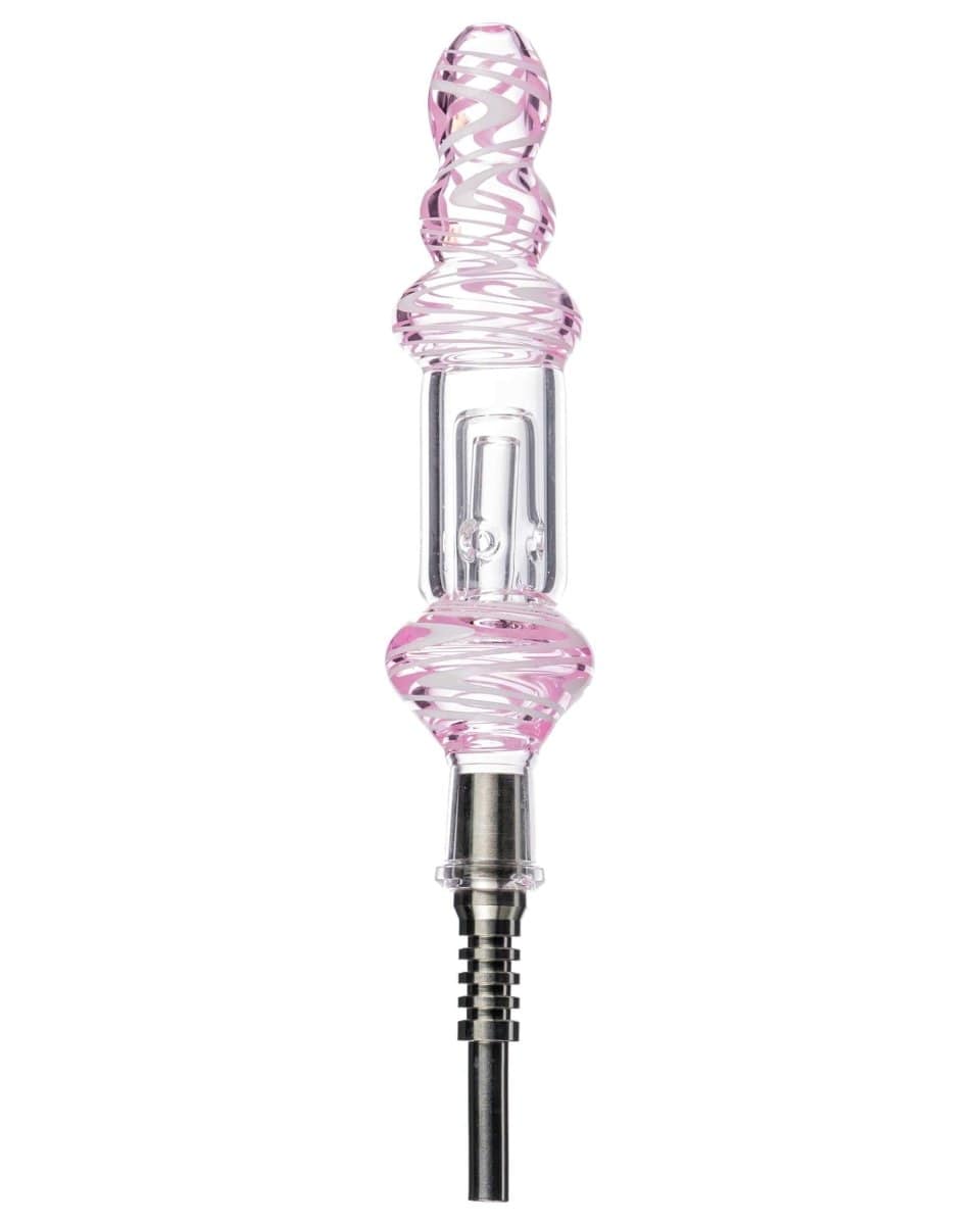 A close-up, angled view of the Wig Wag Nectar Collector, showcasing its clear glass construction and slender profile.