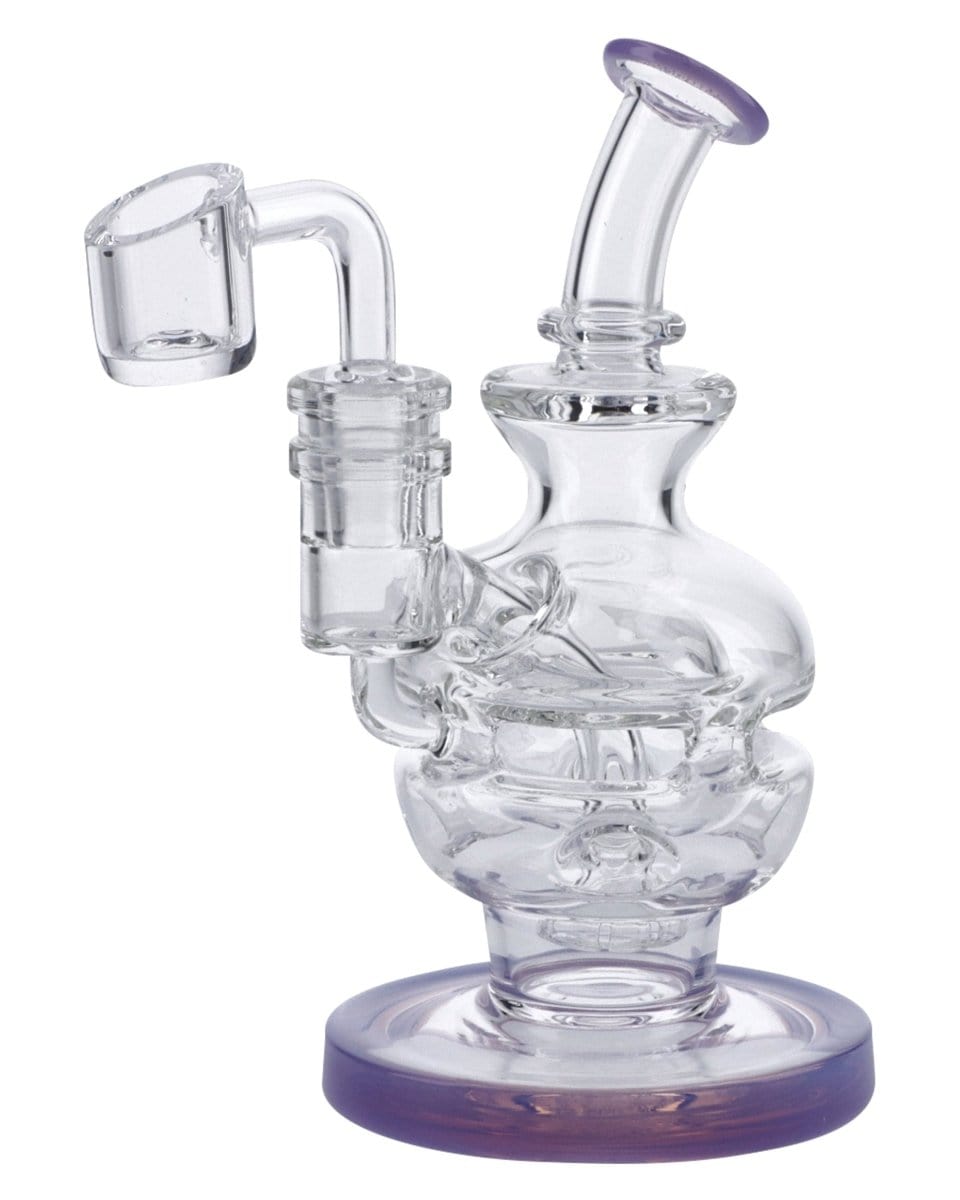A three-quarter view of the 6" Swiss Perc Recycler Rig, showcasing its clear glass construction and rounded base.