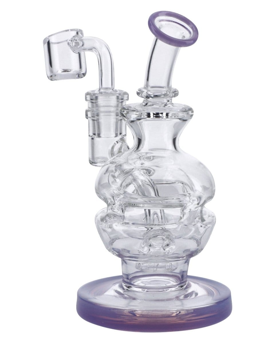 A front view of the 6" Swiss Perc Recycler Rig with a clear glass construction and purple base.