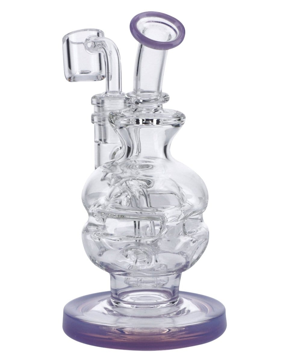 Front view of the 6" Swiss Perc Recycler Rig, showing the clear glass with a bubbler and cylindrical base.