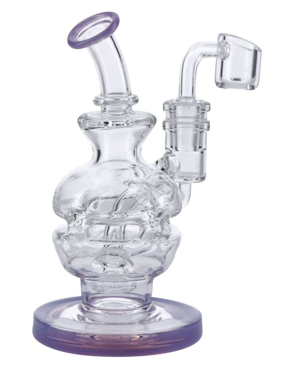 A front view of the 6" Swiss Perc Recycler Rig, showcasing its clear glass construction and rounded base.