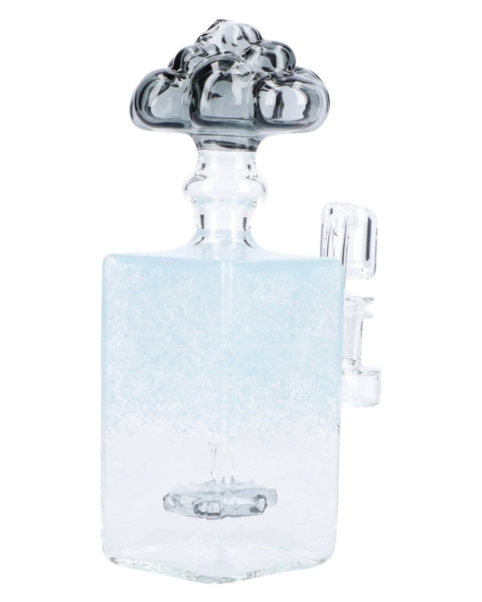 A side view of the 7" Box Bubbler Rig, showcasing its clear glass construction and compact, rectangular shape.