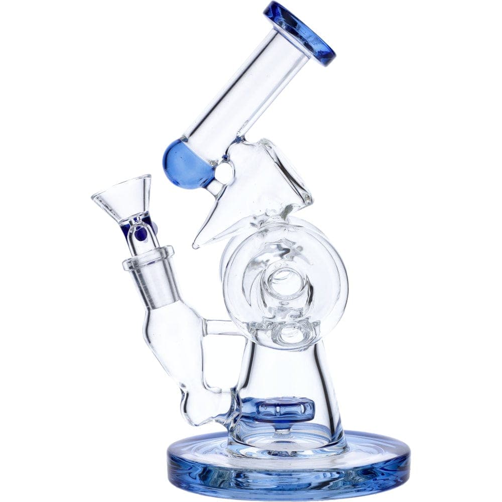 Front view of the 7" Hourglass Base Water Pipe, showing a clear glass pipe with a rounded base and blue accent on the mouthpiece.