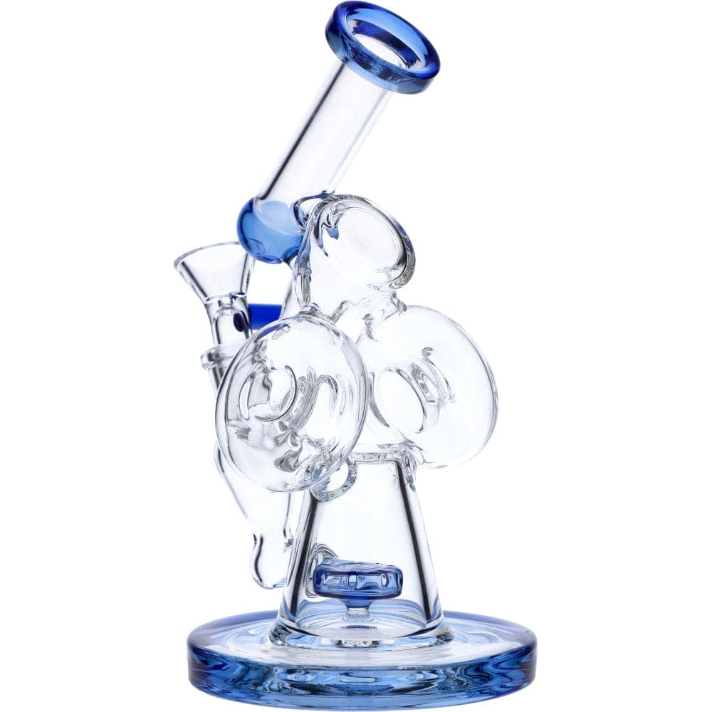 A front view of the 7" Hourglass Base Water Pipe, showcasing its clear glass construction and rounded base.