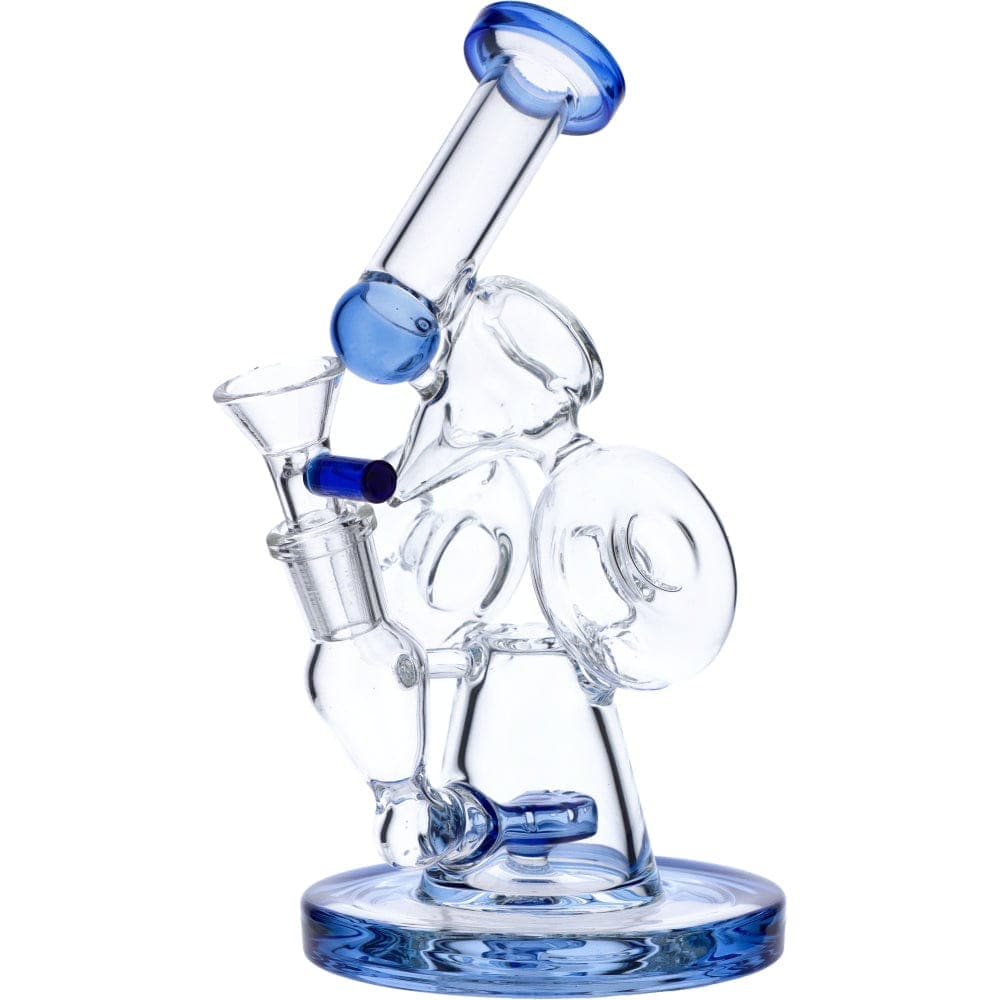 Front view of the 7" Hourglass Base Water Pipe, showcasing its clear glass construction and rounded base design.