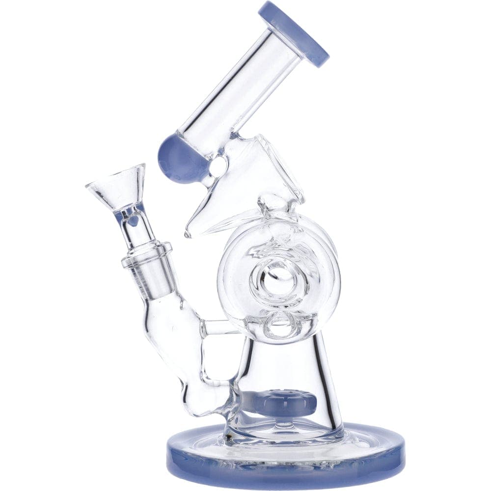 A front view of the 7" Hourglass Base Water Pipe, featuring a clear glass base and blue accent on the neck.