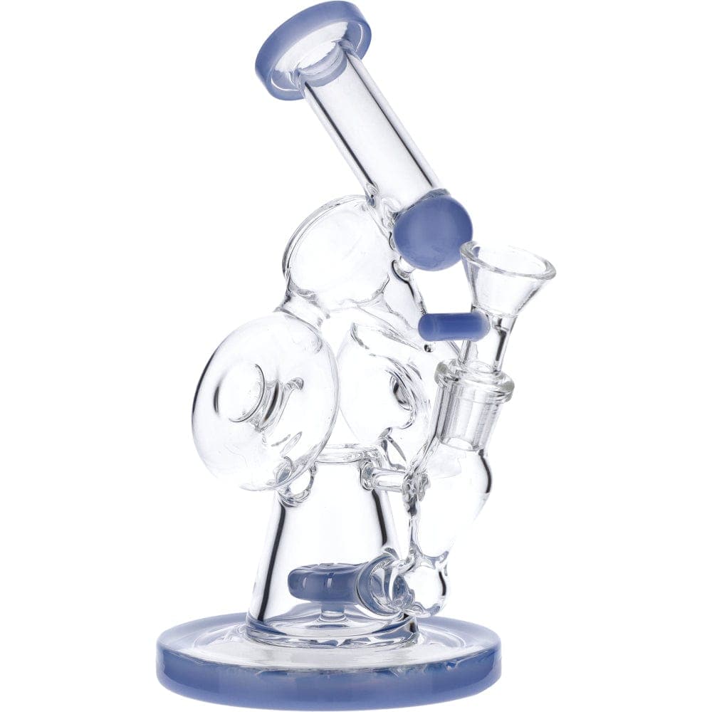 A front view of the 7" Hourglass Base Water Pipe, showing a clear glass pipe with a blue accent and round base.