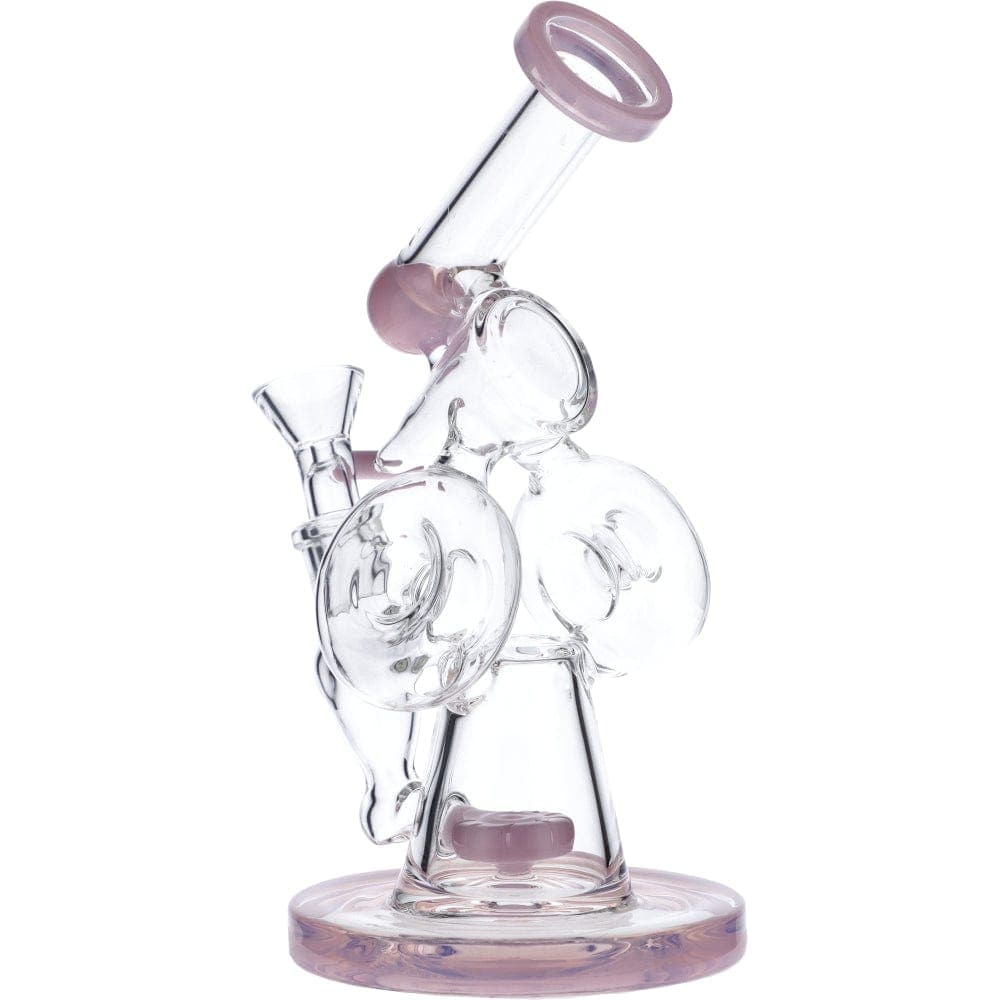 A three-quarter view of the 7" Hourglass Base Water Pipe, showcasing its clear glass construction and rounded base.
