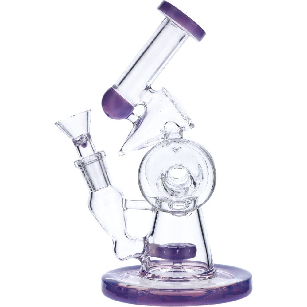 A front view of the 7" Hourglass Base Water Pipe, showing a clear glass pipe with a purple mouthpiece and circular base.