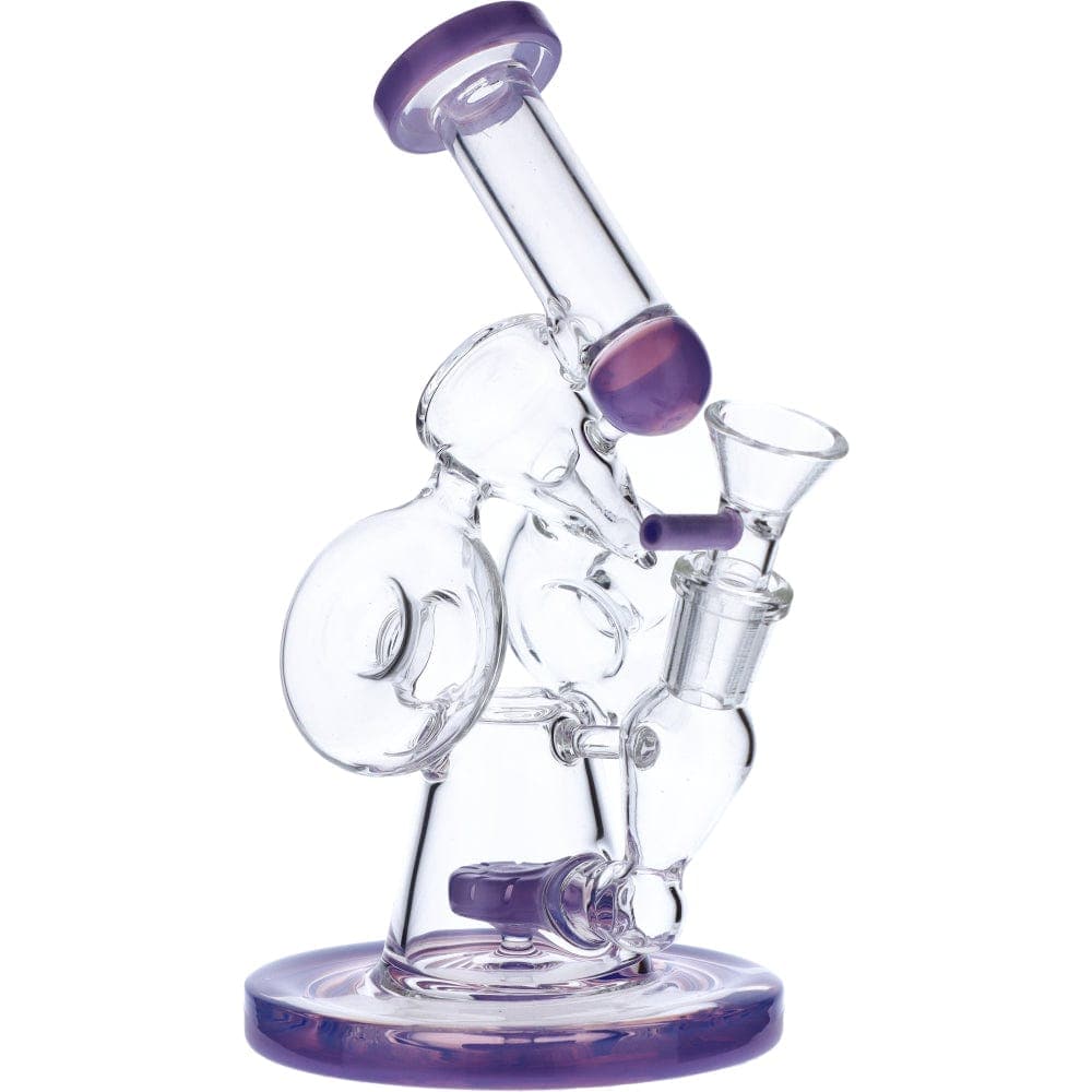 A slightly angled view of the 7" Hourglass Base Water Pipe, featuring a clear glass build and rounded base.