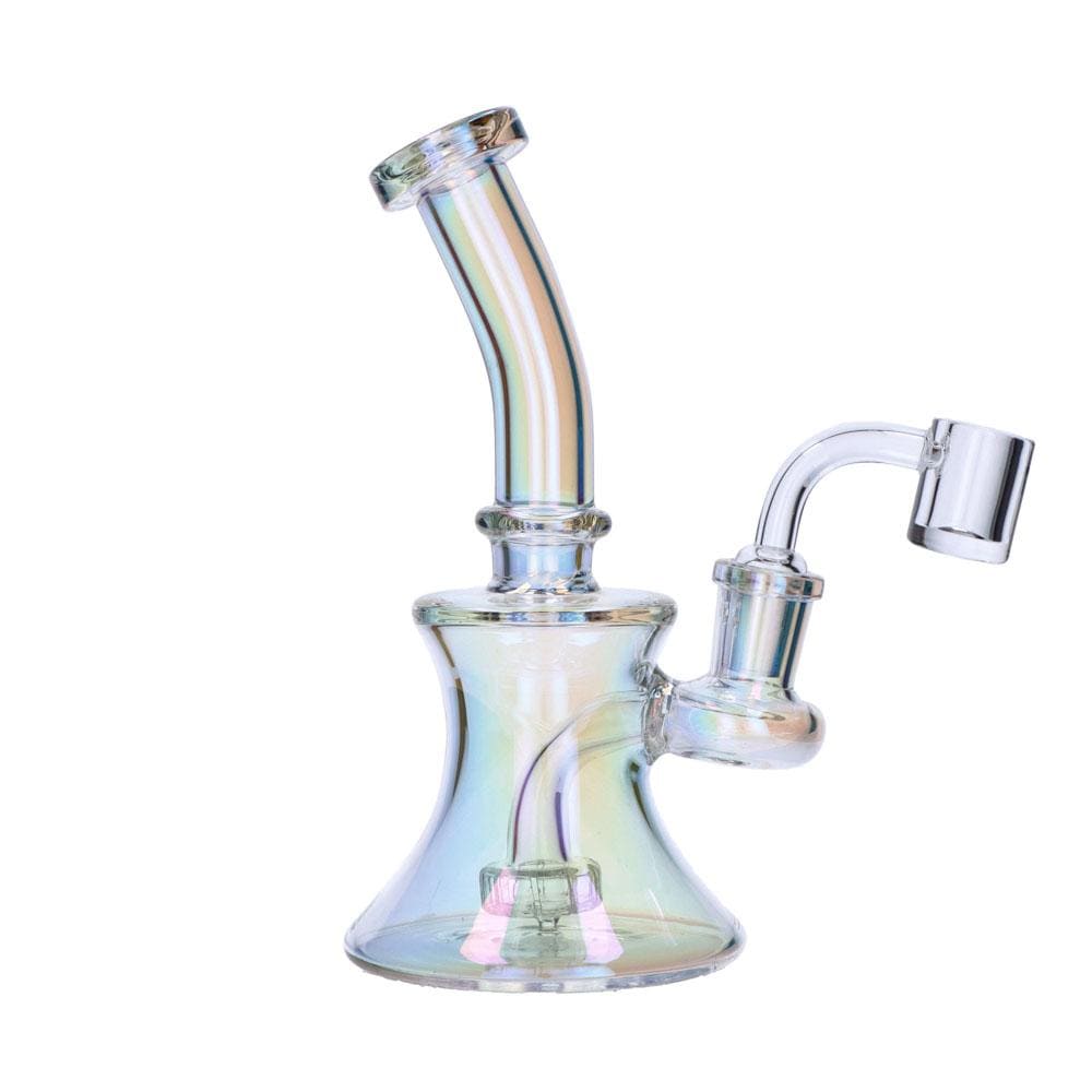Front view of the 8" Fumed Bell Dab Rig Assorted, displaying a clear glass rig with a unique bell shape and fumed accents.