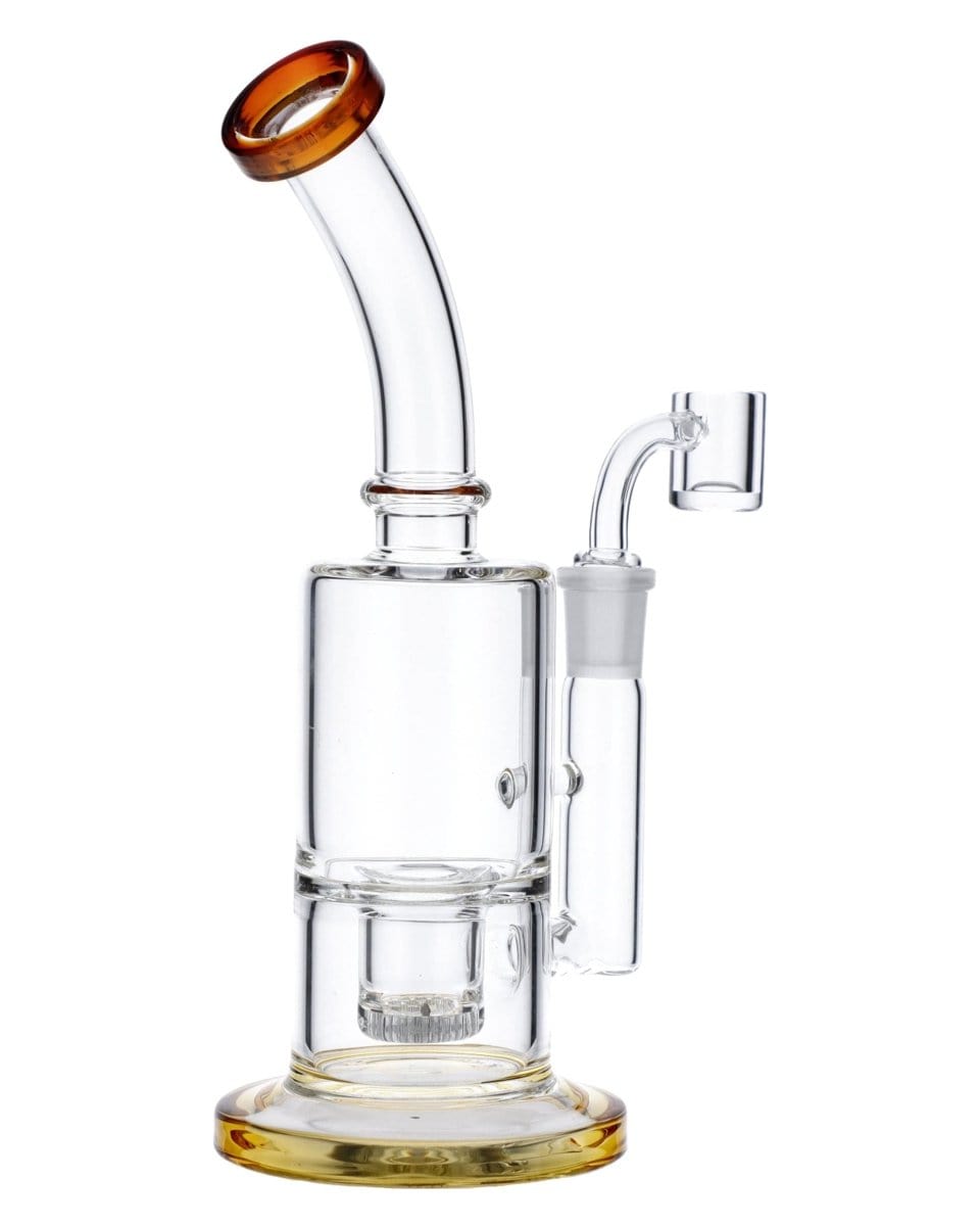 Front view of the Amber Inset Honeycomb Perc Mini Rig, showcasing its clear glass construction and compact size.