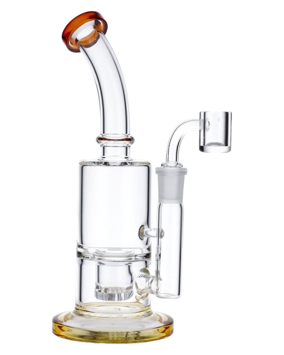 A front view of the Amber Inset Honeycomb Perc Mini Rig, showcasing the clear glass and honeycomb perc visible within the compact structure.