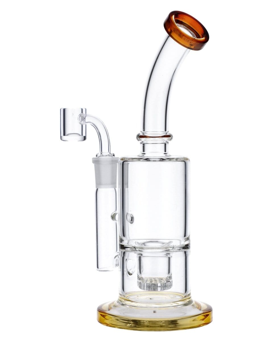 Front view of the Amber Inset Honeycomb Perc Mini Rig, showcasing its clear glass construction and honeycomb perc diffuser.