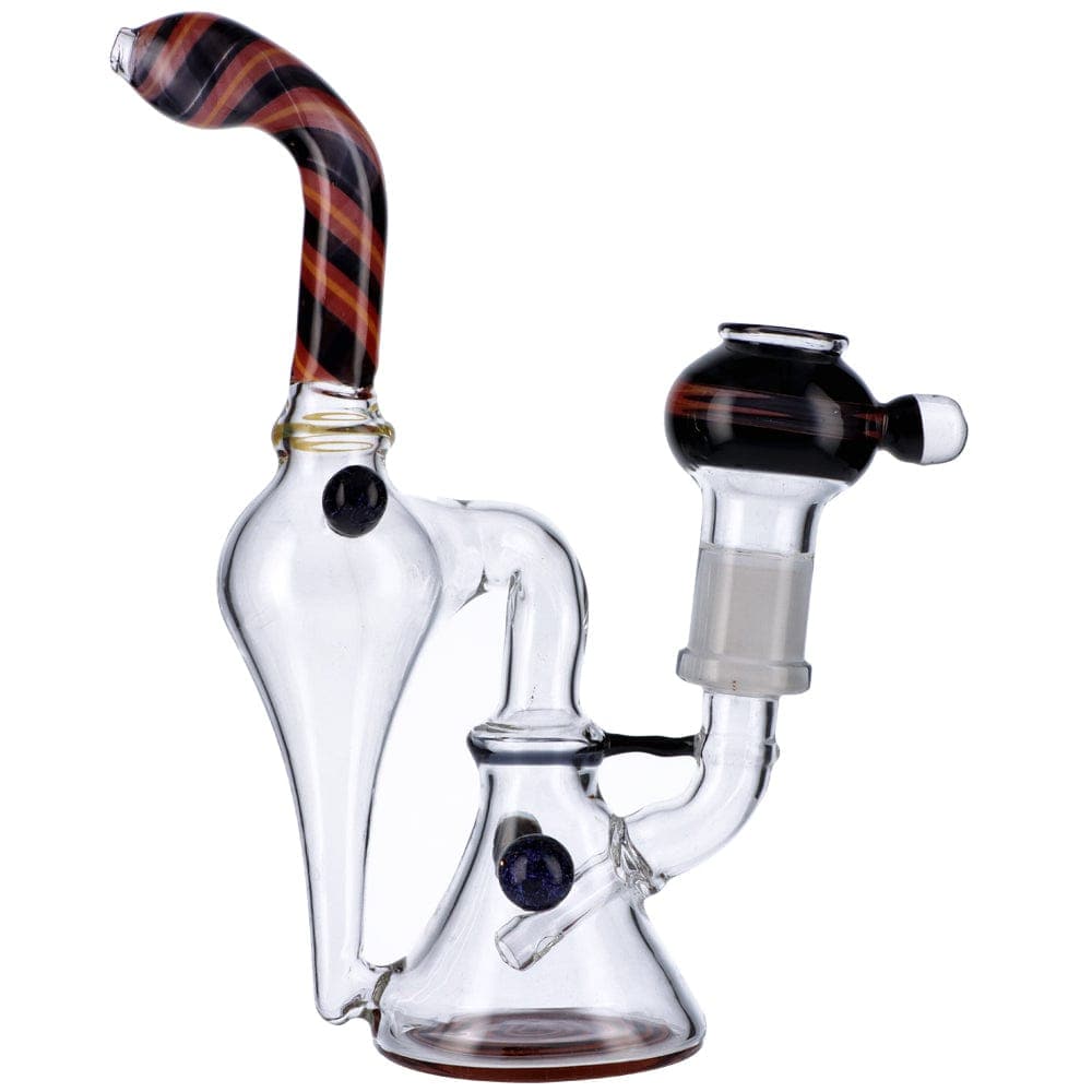 A front view of the Cyclone Recycler featuring a clear glass body with a brown-tinted neck and a recycler design.