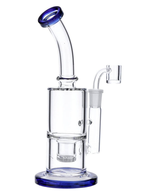 Front view of the Blue Inset Honeycomb Perc Mini Rig, showing its compact size and blue inset detailing against a plain white background.