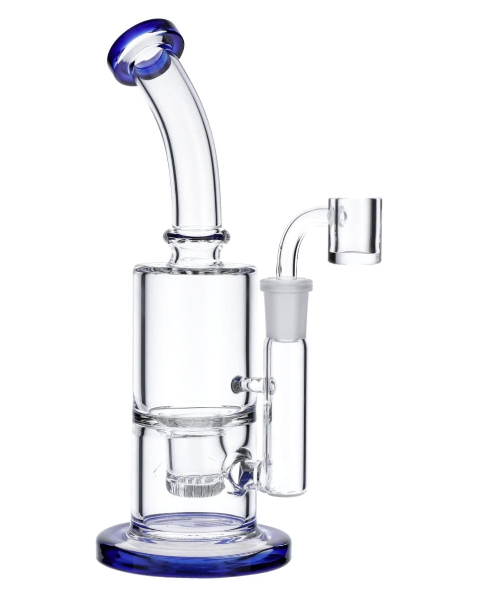 Front view of the Blue Inset Honeycomb Perc Mini Rig, showcasing a compact glass rig with a blue inset and visible honeycomb perc structure.