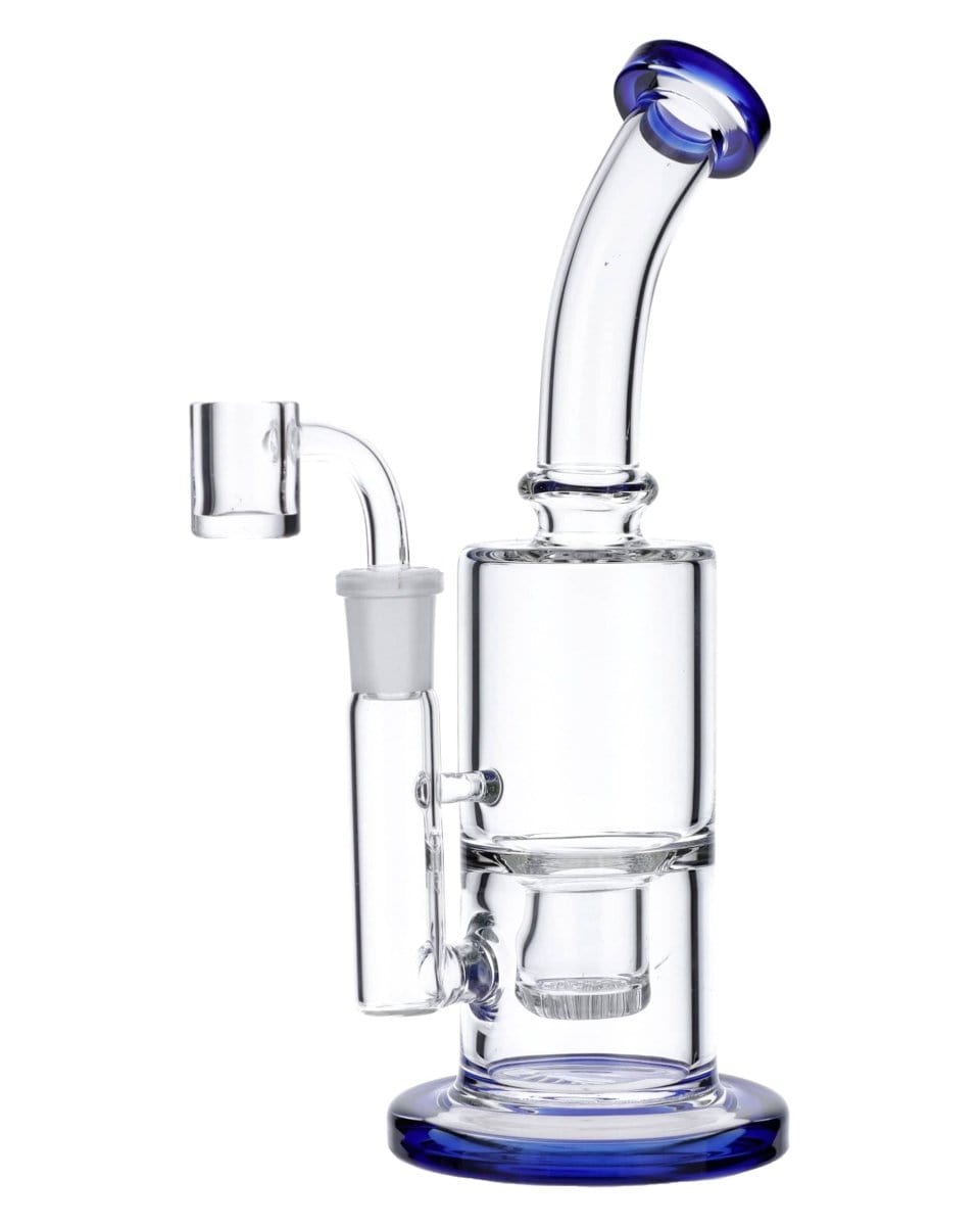 Front view of the Blue Inset Honeycomb Perc Mini Rig, showcasing its clear glass construction and compact size.
