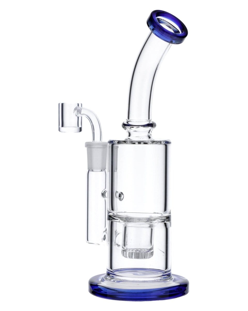 Front view of the Blue Inset Honeycomb Perc Mini Rig, showcasing its compact size and blue accent on a clear glass body.